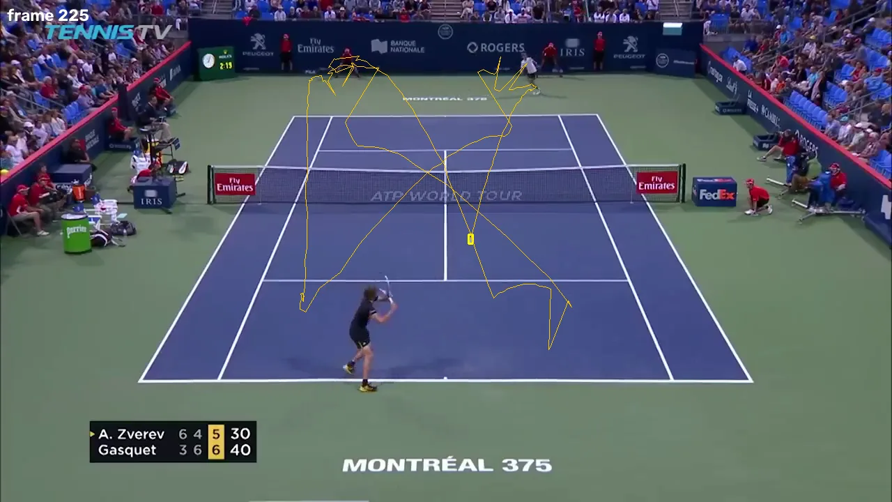 Broadcast frame 225 with the tracked ball path drawn as a line across the court and a small box on the game ball itself