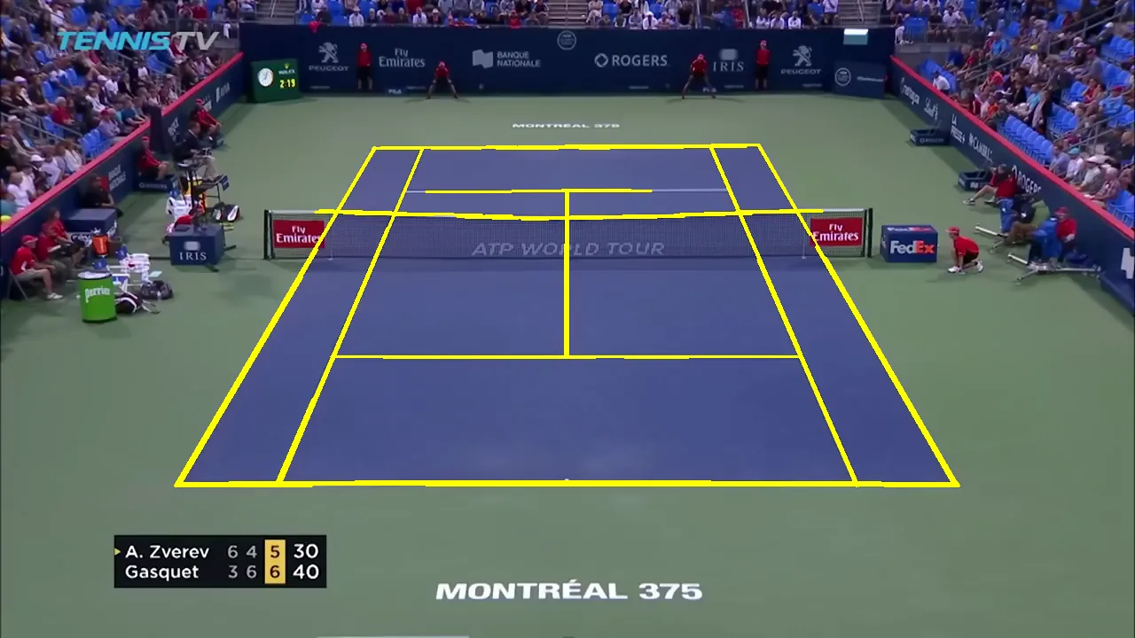 The clean plate with 48 detected line segments drawn in yellow, covering every court line