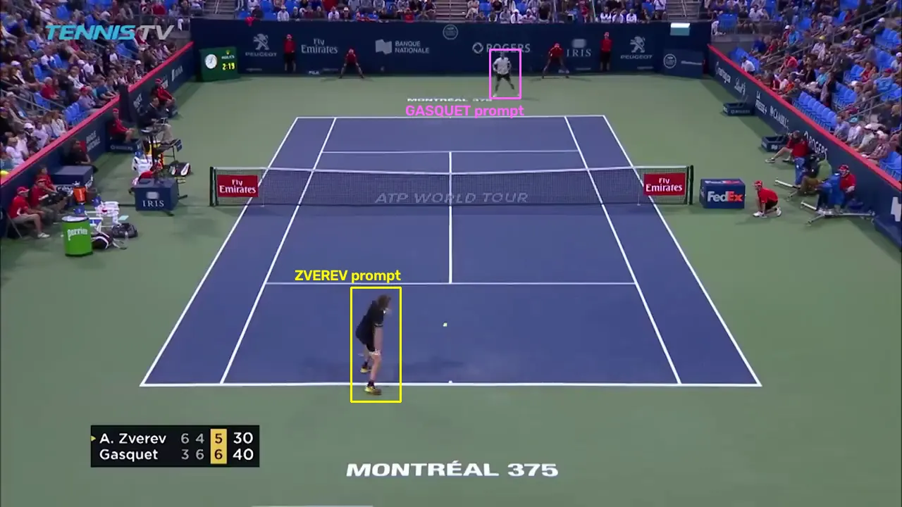 Frame 240 with tight labeled boxes drawn around both players, the line judge visibly outside the far box